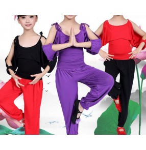 Black red purple violet exposure shoulder spandex cotton girls kids children performance school play gymnastics latin salsa cha cha dance costumes outfits